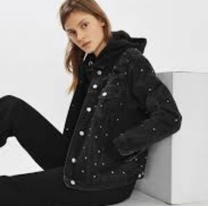 Topshop Moto Oversized Black Studded Distressed Jean Jacket